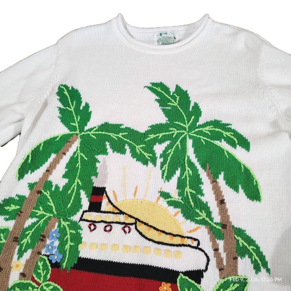 Quacker Factory Womens Coastal Grandma Cruise Ship Sweater M Palm Tree Beach - Picture 6 of 9